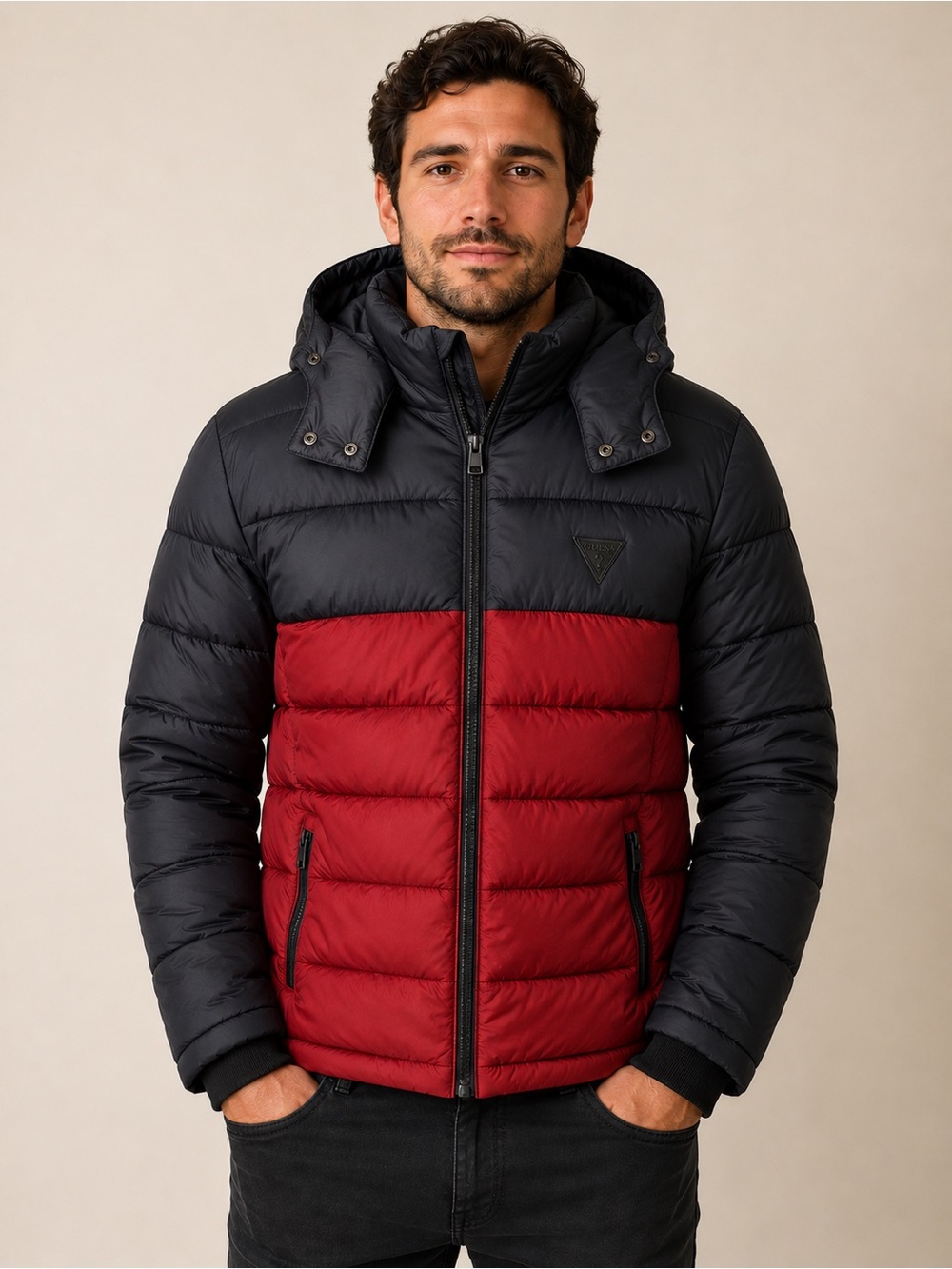 GUESS Men’s Black & Burgundy Hooded Puffer Jacket Size Large
